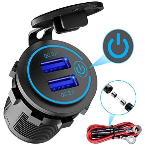 Quick Charge 3.0 Dual USB Charger Socket, Waterproof 12V/24V USB Outlet QC 3.0 Dual Charger Socket with Touch Switch DIY Kit for Car, Golf Cart, Boat, RV, Motorcycle, Truck and More