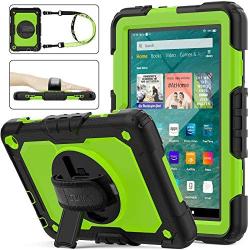 SEYMAC stock Case for FireHD 8/8Plus ( 10th Generation 2020 ), Full-Body Drop-Proof Case with [360 Degrees Rotating Stand] Hand Strap [Screen Protector] for FireHD 8/8 Plus 10th Gen (Green+Black)