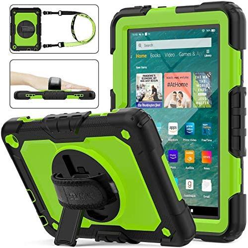 SEYMAC stock Case for FireHD 8/8Plus ( 10th Generation 2020 ), Full-Body Drop-Proof Case with [360 Degrees Rotating Stand] Hand Strap [Screen Protector] for FireHD 8/8 Plus 10th Gen (Green+Black)