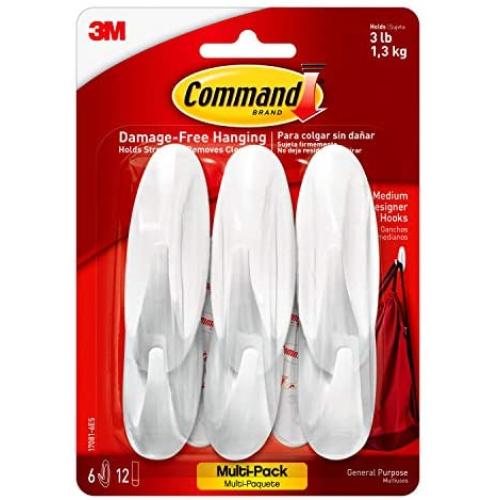 Command Designer Hooks, Medium, White, 6-Hooks (17081-6ES), Organize & Decorate Damage-Free