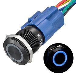 APIELE 19mm Momentary Push Button Switch On Off Aluminium Alloy with 12V LED Angel Eye Head for 19mm 3/4 Mounting Hole with Wire Socket Plug Self-Reset (Blue Led/Black Shell)