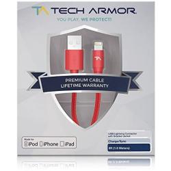 Tech Armor Apple MFi Certified Lightning Cable to USB A - 6FT Red - Tough-Braided Extra-Strong Jacket - Sync/Charge iPhone & iPad