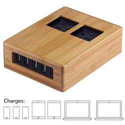 Power Hub 5 USB + 2 AC Charging Station | Built in Surge Protection | Attractive Dependable Table Side Charging Hub | Bamboo | No Short Cords