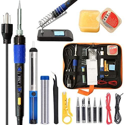65W Soldering Iron Kit Electronics - 110V LCD Digital Soldering Iron Adjustable Temperature, Wire & Cutter, Stand, Soldering Iron Tip Set, Desoldering Pump, Solder, Tweezers, Soldering Flux Paste