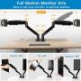 HUANUO Dual Monitor Mount Stand - Long Double Arm Gas Spring Monitor Desk Mount for 2 Screens 22 to 35 Inch Height Adjustable VESA Bracket with Clamp, Grommet Base -Each Arm Hold up to 26.4 lbs