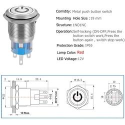 Quentacy 19mm 3/4'' Latching Pushbutton Switch LED 12V DC 5A 250V AC Power Symbol ON-Off Waterproof Toggle Switch Stainless Steel Shell with Wire Connector Plug(Red Light)