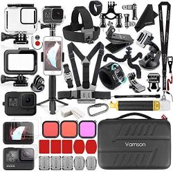 Vamson 64 in 1 Accessories Kit for GoPro Hero 8 Black Waterproof Housing Case Filter Silicone Protector Frame Lens Screen Tempered Glass Head Chest Strap Bike Car Mount Floating Bundle Set Kit AVS13
