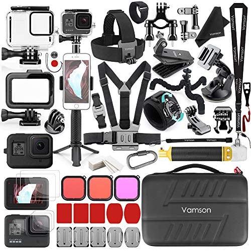 Vamson 64 in 1 Accessories Kit for GoPro Hero 8 Black Waterproof Housing Case Filter Silicone Protector Frame Lens Screen Tempered Glass Head Chest Strap Bike Car Mount Floating Bundle Set Kit AVS13