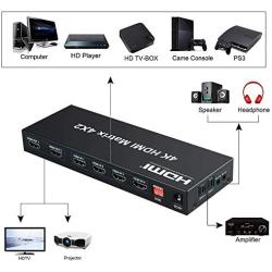 FERRISA 4x2 HDMI Matrix Switch,4 in 2 Out Matrix HDMI Video Switcher Splitter +Optical & L/R Audio Output,Support Ultra HD 4K x 2K,3D 1080P,Audio EDID Extractor with IR Remote Control & Power Adapter