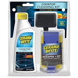 Cerama Bryte Cooktop Cleaning Kit, 10 oz Cooktop Cleaner, 1 Cleaning Pads & POW-R Grip Pad Tool, and Scraper, Heavy-duty Cleaning, Non Scratch, For Smooth-Top Cooking Surfaces and More, Biodegradable
