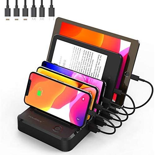 Charging Station for Multiple Devices 6 Short Mixed Charging Cables Multi USB Charger Station Organizer for Cell Phones Apple Samsung Tab Electronics Tech Gadget Gift -Black