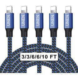 UNEN iphone Charger（3/3/6/6/10FT）5 Pack-Black and Blue