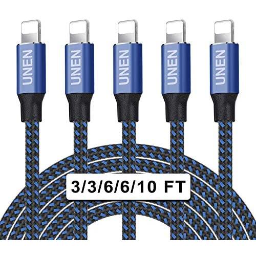 UNEN iphone Charger（3/3/6/6/10FT）5 Pack-Black and Blue