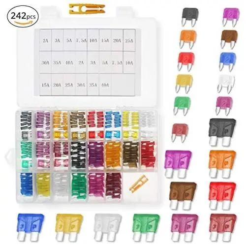 KUFUNG 242PCS Car Fuses, Mini Automotive Fuses Assortment, 3/5/7.5/10/15/20/25/30/35/40 Amp Fuse Kit, Auto Blade Fuse for Car, Truck, Boat, Marine, RV, SUV, Trike, Vehicles Audio Reset System (242-A)