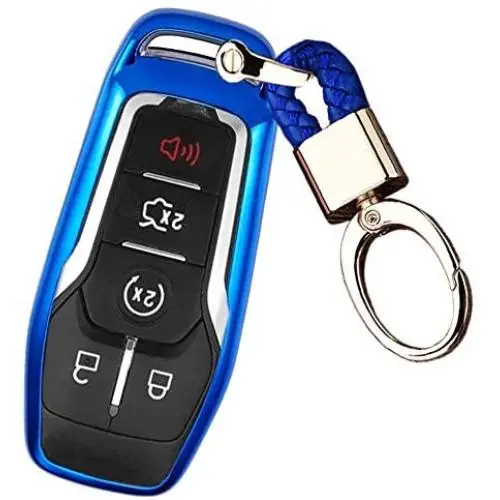 Royalfox(TM) 4 5 Buttons TPU Smart keyless Entry Remote Key Fob case Cover Keychain for Ford Mustang F-150 F-450 Explorer Taurus Fusion Edge,Lincoln MKZ MKC MKX (Blue)