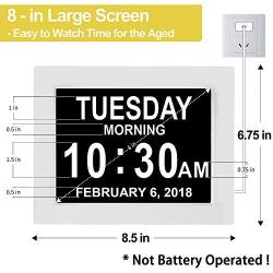 【Upgraded】 Digital Calendar Alarm Day Clock - with 8'' Large Screen Display, am pm, 5 Alarm, for Extra Large Impaired Vision People, The Aged Seniors, The Dementia, for Desk, Wall Mounted, White