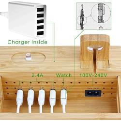 Fashionable Bamboo Charging Station for Apple Watch, AirPods Series,6 in 1 Wooden Docking Station for Multiple Device.