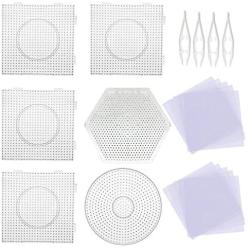 5 mm 6 Pack Fuse Beads Boards Seasonsky Large Round Square Clear Plastic Pegboards with 4 PCS White Beads Tweezers, 20 PCS Ironing Paper for Kids Craft Supplies
