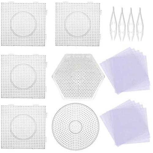 5 mm 6 Pack Fuse Beads Boards Seasonsky Large Round Square Clear Plastic Pegboards with 4 PCS White Beads Tweezers, 20 PCS Ironing Paper for Kids Craft Supplies