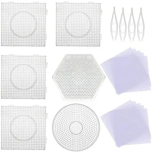 5 mm 6 Pack Fuse Beads Boards Seasonsky Large Round Square Clear Plastic Pegboards with 4 PCS White Beads Tweezers, 20 PCS Ironing Paper for Kids Craft Supplies