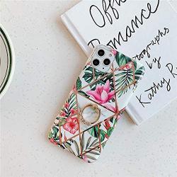 PHEZEN Marble Case for iPhone 11 Pro Max Flower Case Cover Diamand Ring Holder Kickstand Ultra Slim Soft Silicone Rubber Bumper Case,Splice Painted Marble Shockproof Protective Case Cover,Pink Floral