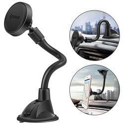 IPOW Long Arm Universal Magnetic Cradle Windshield Dashboard Cell Phone Mount Holder with 4 Metal Plates, Soft Firm Goose Arm and Enhanced Suction Cup