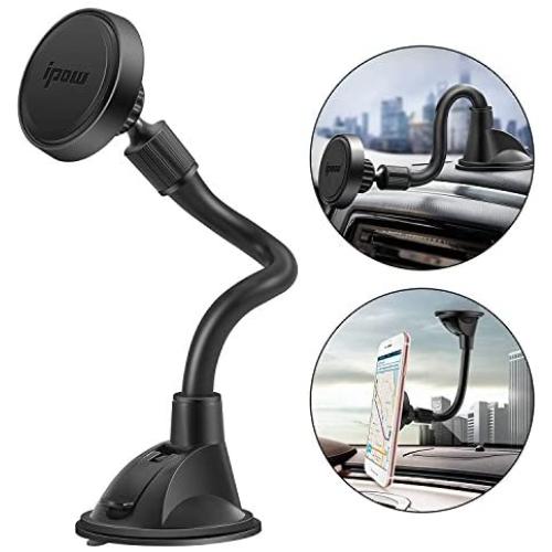 IPOW Long Arm Universal Magnetic Cradle Windshield Dashboard Cell Phone Mount Holder with 4 Metal Plates, Soft Firm Goose Arm and Enhanced Suction Cup