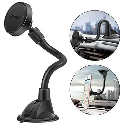 IPOW Long Arm Universal Magnetic Cradle Windshield Dashboard Cell Phone Mount Holder with 4 Metal Plates, Soft Firm Goose Arm and Enhanced Suction Cup