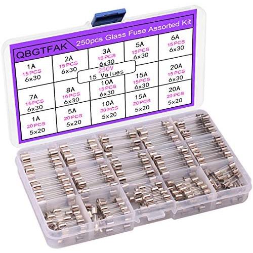 250pcs Quick Blow Glass Tube Fuse Assorted Kit 250V 1A, 2A, 3A, 5A, 6A, 7A, 8A, 10A, 15A,20A, 6x30mm, 250V 1A, 5A, 10A, 15A, 20A, 5x20mm QBGTFAK (5x20mm and 6x30mm)