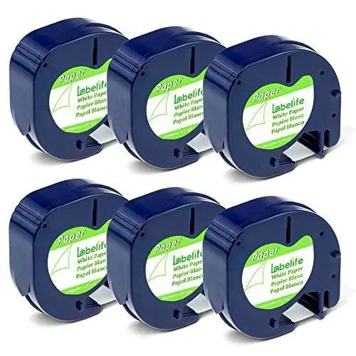 Labelife Compatible Label Tape Replacement for Dymo Letratag Labeling Refills 91330 10697 (S0721510) Black on White Self-Adhesive Paper Tape for LetraTag LT-100T LT-100H QX50, 1/2 Inch x 13 ft, 6 Pack