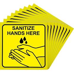 10 Pieces Sanitize Hands Here Signs Stickers Use Hand Signs 6 x 6 Inch Quality Self-Adhesive Vinyl, Laminated for UV, Scratch, Water, Weather and Fade Resistance, Indoor and Outdoor (Yellow)