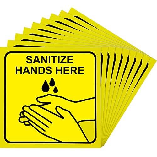10 Pieces Sanitize Hands Here Signs Stickers Use Hand Signs 6 x 6 Inch Quality Self-Adhesive Vinyl, Laminated for UV, Scratch, Water, Weather and Fade Resistance, Indoor and Outdoor (Yellow)