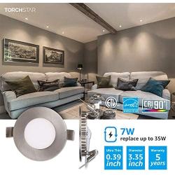 TORCHSTAR Premium 7W 3-Inch Ultra-Thin LED Recessed Light with J-Box, 4000K Cool White, Dimmable Slim Panel Downlight, 400lm, ETL & Energy Star, 5 Years Warranty, Satin Nickel Finish, Pack of 6