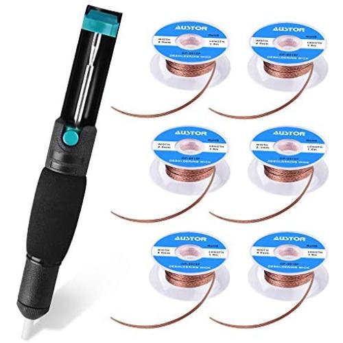 AUSTOR Desoldering Sucker and 6 Pcs Solder Braid Wick (2.0mm/2.5mm/3.0mm Width, 1.5m Length) with Flux - Desoldering Vacuum Pump Solder Removal Tool
