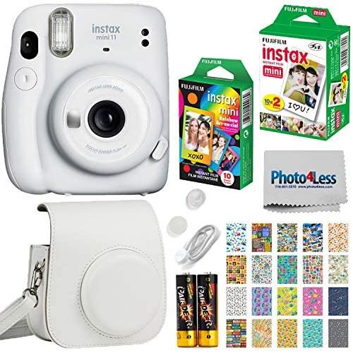 Fujifilm Instax Mini 11 Instant Camera - Ice White (16654798) + Fujifilm Instax Mini Twin Pack Instant Film (16437396) + Single Pack Rainbow Film + Case + Travel Stickers