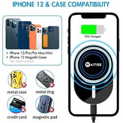 WAITIEE Magnetic Wireless Car Charger Compatible with iPhone 12/12 Pro/ 12 Pro Max/ 12 Mini with QC3.0 Adapter 15W/ 10W/ 7.5W/ 5W Fast Wireless Car Charger Mount with Secure Air Vent Clamp (Black)