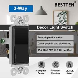 [10 Pack] BESTTEN 3-Way Decorator Wall Light Switch, 15A 120/277V, Paddle Wall Switch, On/Off Rocker Interrupter, UL Listed, Black