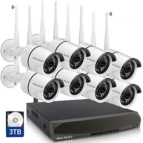 Wireless Security Camera System, 8 Channel Surveillance NVR Recorder and 8Pcs 1080P Home Outdoor Motion Activated IP Bullet Surveillance Cameras with Night Vision, 3TB Hard Drive