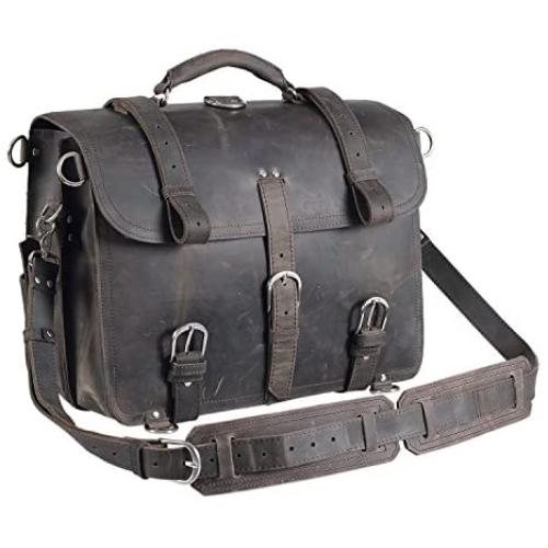 Polare Mens Full Grain Leather 16 Briefcase Shoulder Messenger Bag Fit 15.6 Laptop