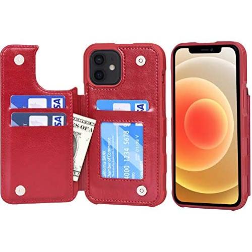 Arae Compatible with Case iPhone 12 and iPhone 12 Pro - Wallet Case with PU Leather Card Pockets Back Flip Cover for iPhone 12/12 Pro 6.1 inch - Wine red