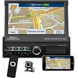 Single Din Car Stereo Navigation Car Radio 7'' Motorized Touch Screen Bluetooth Head Unit Support GPS/FM Radio/AUX-in/USB/SD/Android iOS Mirror Link + 12 IR Car Backup Camera + Wireless Remote
