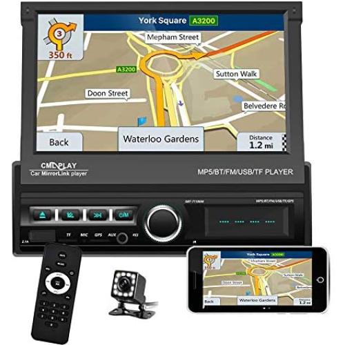 Single Din Car Stereo Navigation Car Radio 7'' Motorized Touch Screen Bluetooth Head Unit Support GPS/FM Radio/AUX-in/USB/SD/Android iOS Mirror Link + 12 IR Car Backup Camera + Wireless Remote