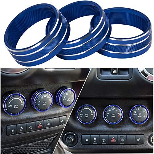 Danti 3pcs Audio Air Conditioning Button Cover Decoration Twist Switch Ring Trim for Jeep Wrangler JK JKU Patriot Liberty 2011-2018 Dodge Challenger 2008-2014 (Blue)
