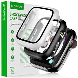 FLOVEME 44mm Glass Screen Protector for Apple Watch - Series 6 5 4 SE Protective Case 2 Pack Tempered Glass Hard PC Bumper Cover Compatible with Apple Watch Screen Protector 44mm Case for iWatch