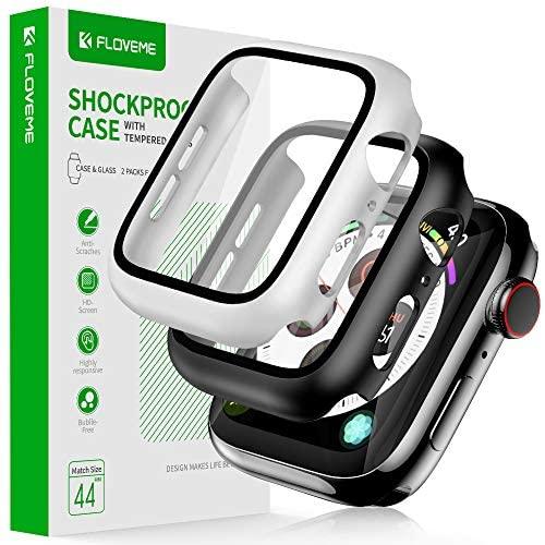 FLOVEME 44mm Glass Screen Protector for Apple Watch - Series 6 5 4 SE Protective Case 2 Pack Tempered Glass Hard PC Bumper Cover Compatible with Apple Watch Screen Protector 44mm Case for iWatch