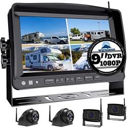 1080P Wireless Backup Camera with 9'' Large DVR Monitor for RV semi Box Truck Trailer Rear and Side View System Quad HD Camera 4 Split Screens Advanced Record IP69 Waterproof Avoid Blind spot A1 (64GB)