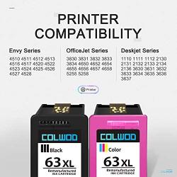 COLWOD ReManufactured Ink Cartridge Replacement for HP 63 63XL use with HP OfficeJet 5255 3830 4650 5258 3832 HP DeskJet 2132 3630 3636 HP Envy 4525 4528(1 Black + 1 Tri-Color)