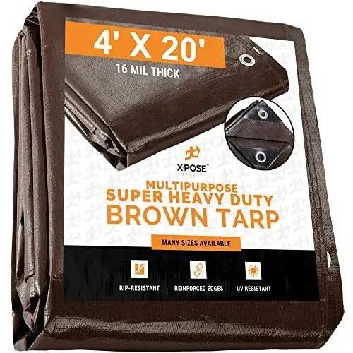 4 x 20 Super Heavy Duty 16 Mil Brown Poly Tarp Cover - Thick Waterproof, UV Resistant, Rot, Rip and Tear Proof Tarpaulin with Grommets and Reinforced Edges - by Xpose Safety