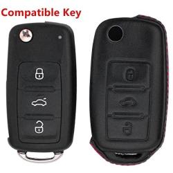 ROYALFOX(TM Luxury 2 3 Buttons Soft TPU flip Remote Key Fob case Cover for VW Volkswagen Jetta GTI Passat Golf Bora Polo Tiguan Touareg Beetle Multivan Sagitar Passat,Skoda Keychain (Leather Black)