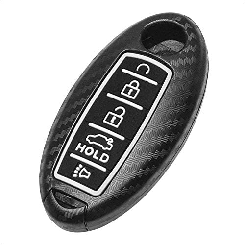 TANGSEN Smart Key Fob Case for INFINITI JX35 Q50 Q60 QX56 QX60 QX80 for NISSAN ALTIMA ARMADA MAXIMA MURANO PATHFINDER ROGUE 5 Button Keyless Entry Remote 3D Carbon Fiber ABS Black Silicone Cover